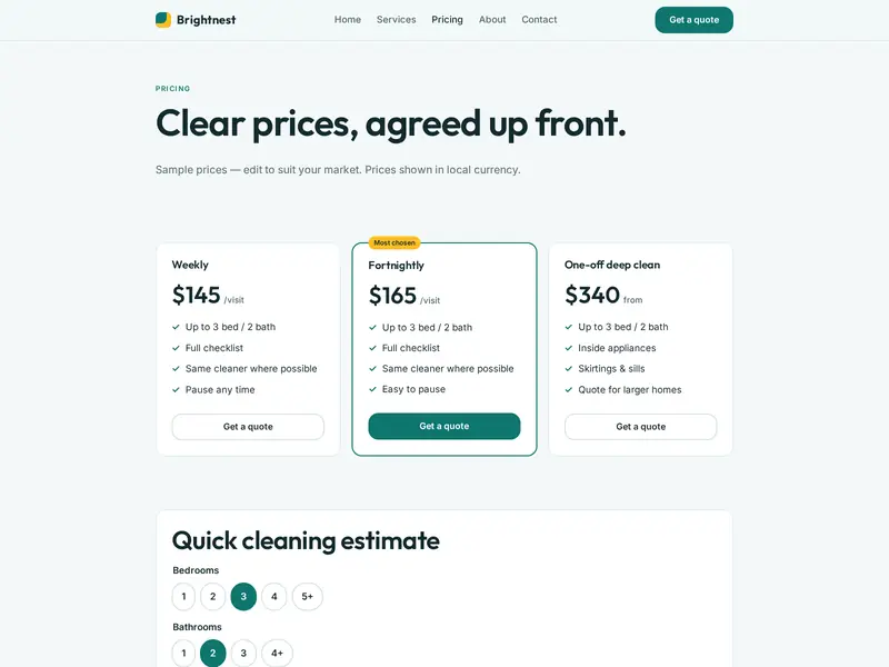Brightnest pricing page with quote estimator