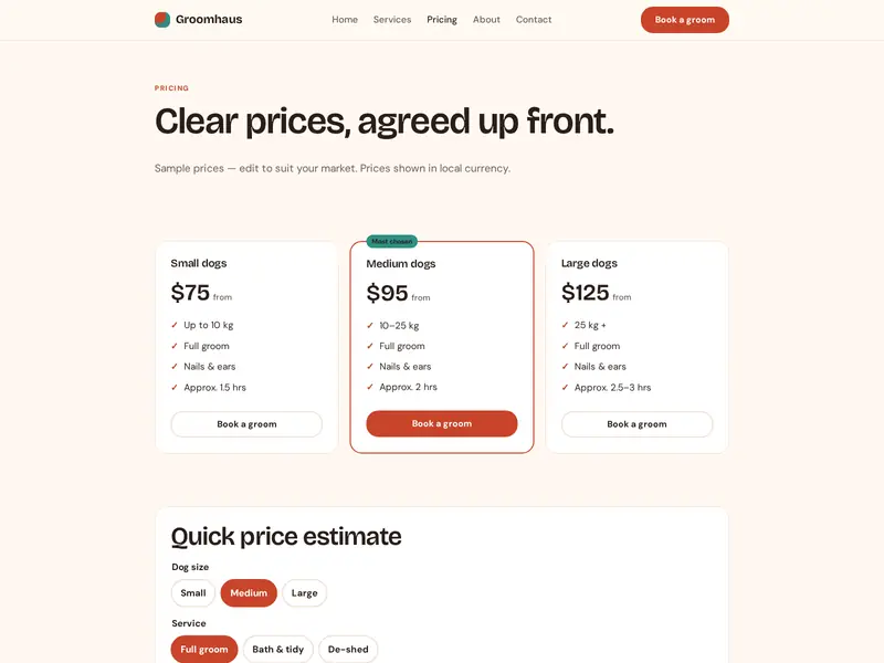 Groomhaus pricing page with price estimator