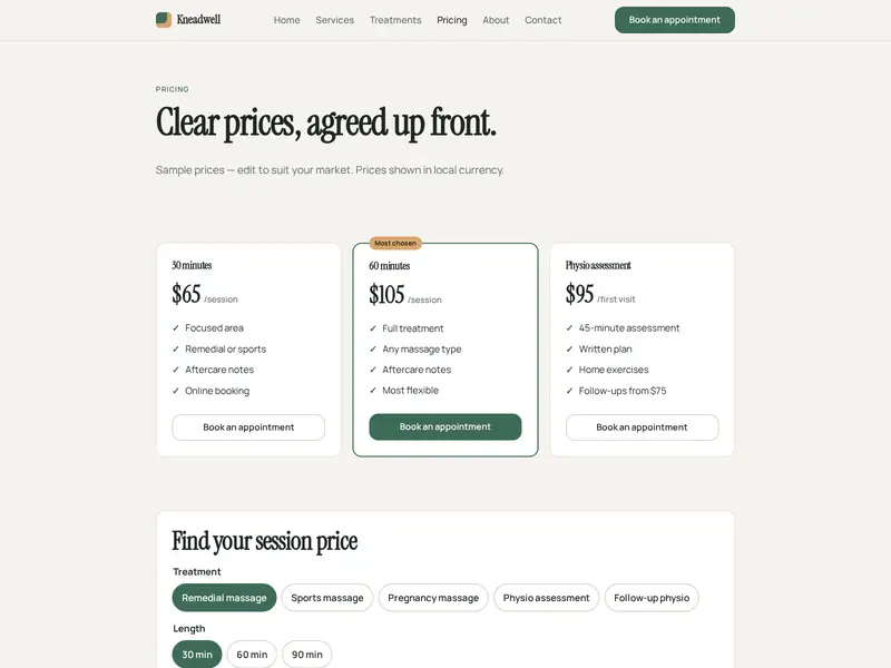 Kneadwell pricing page with session price finder