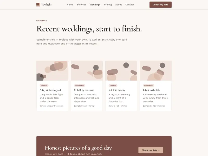 Vowlight weddings portfolio page