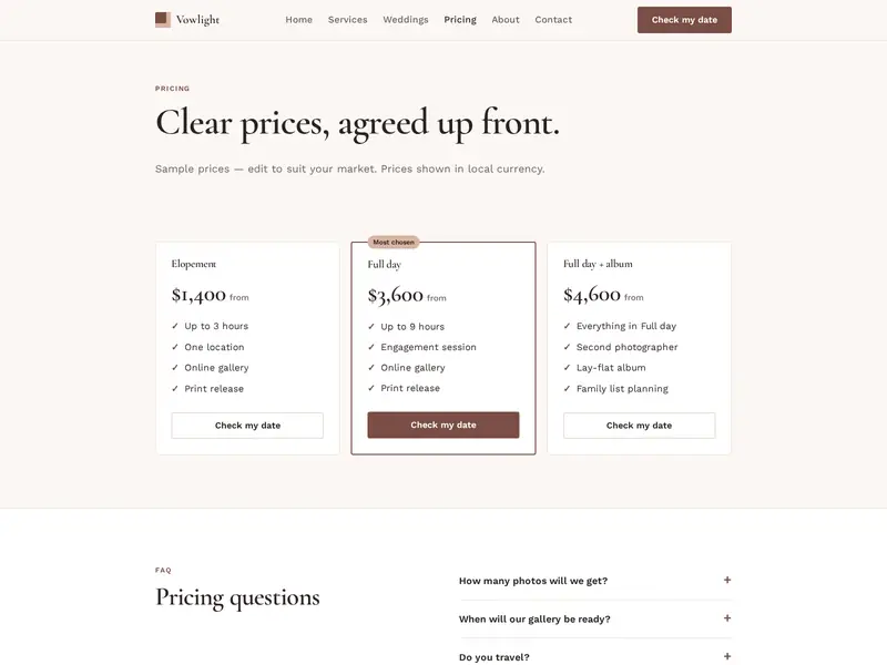 Vowlight pricing page